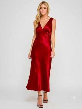 Emerald Sundae Red Satin V-Neck Slip Dress